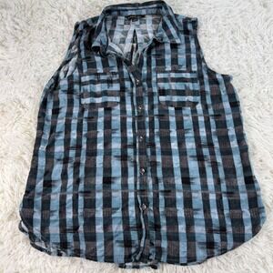 Rock & Republic Women XL Plaid Sleeveless Button Up Shirt Top Lightweight